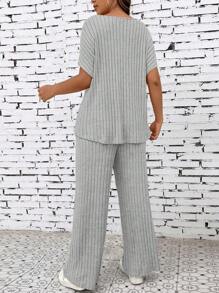 EMERY ROSE Summer Casual Solid Color Batwing Sleeve T-Shirt And Pants Set - Grey - View 2