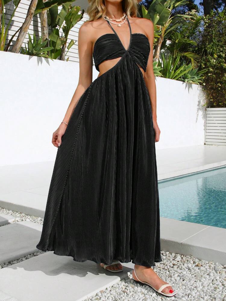 Pleated Fabric Halter Neck Dress