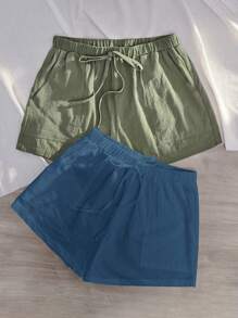 SHEIN EZwear 2 条装纯色松紧腰系带斜口袋短裤