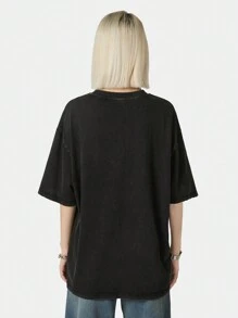 Coolane Women's Black Hand-Printed Oversized Cool Streetwear Top, Distressed And Washed, Summer T-Shirt - Black - View 2