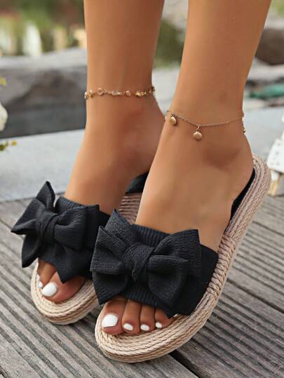 Women's Bowknot Decor Slide Sandals, Casual Open Toe Flat Summer Shoes, Lightweight Beach Shoes Valentines
