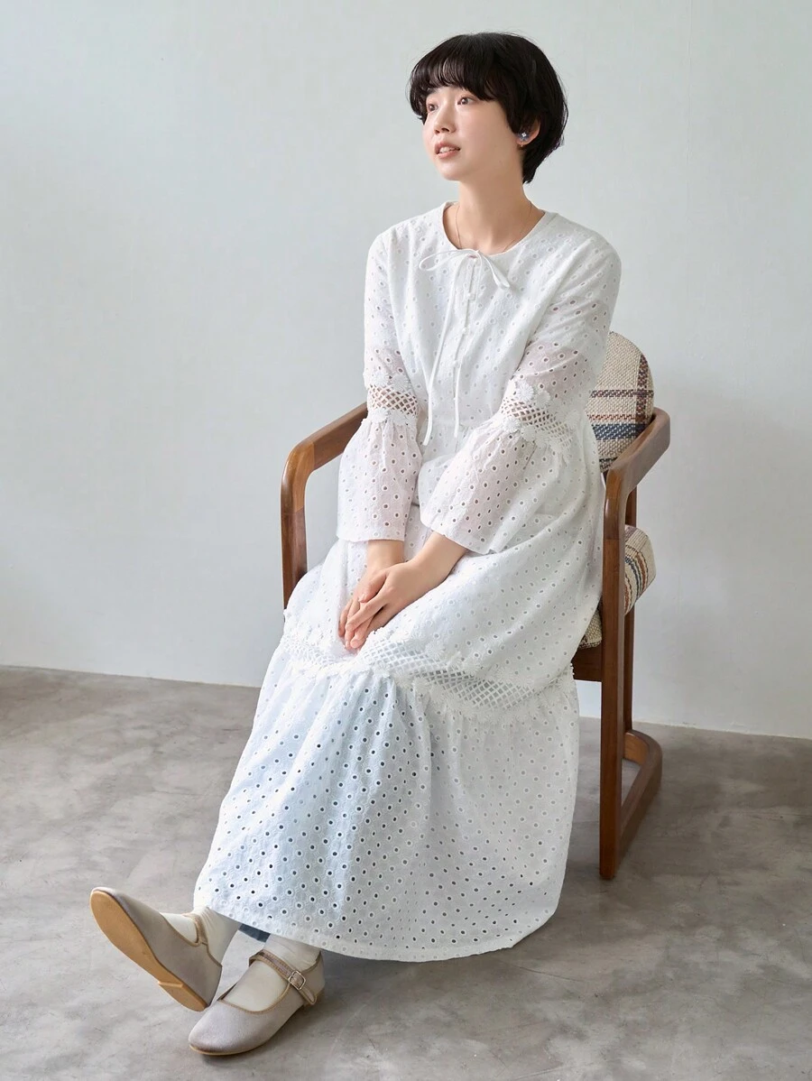 FRIFUL 女士纯色圆领喇叭袖休闲中长连衣裙、荷叶边、秋季连衣裙长袖连衣裙 - 白色 - 查看 1