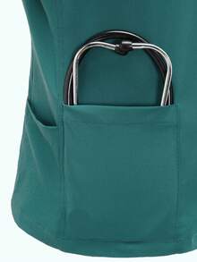 SHEIN TaskFit Comfortable And Well-Fitted V-Neck Short Sleeve Scrub Top With Multiple Pockets And Ear Details - Dark Green - View 7
