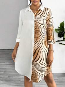 SHEIN Essnce Robe-chemise pour femmes d'été décontractée à boutons imprimée en blocs de couleurs avec manches retroussées