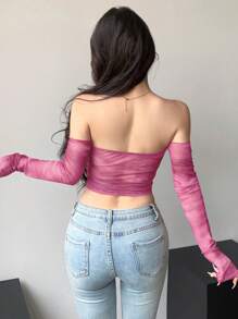 DAZY 扎染透明网眼短款露肩长袖女式上衣外出上衣节日夏季露肩上衣 - 粉色 - 查看 2