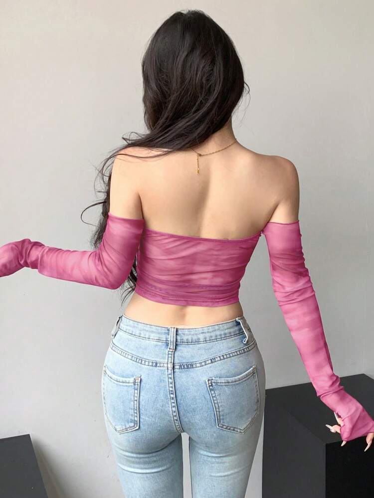 Tie Dye Sheer Mesh Short Cropped Off-Shoulder Long Sleeve Women's Top Going Out Tops Festival Summer,Off Shoulder Top