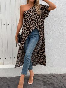 SHEIN Clasi Women's Short Front Long Back Hem Leopard Print Asymmetrical Neck One Shoulder Summer Blouse