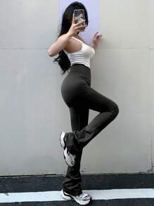 DAZY Quần legging thể thao mùa hè bó sát màu trơn có chức năng nâng hông - màu đen - Xem 5