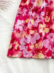 SHEIN 少女情人节红色和橙色热带水彩扎染花卉印花镂空前短款连体裤，休闲，海滩度假