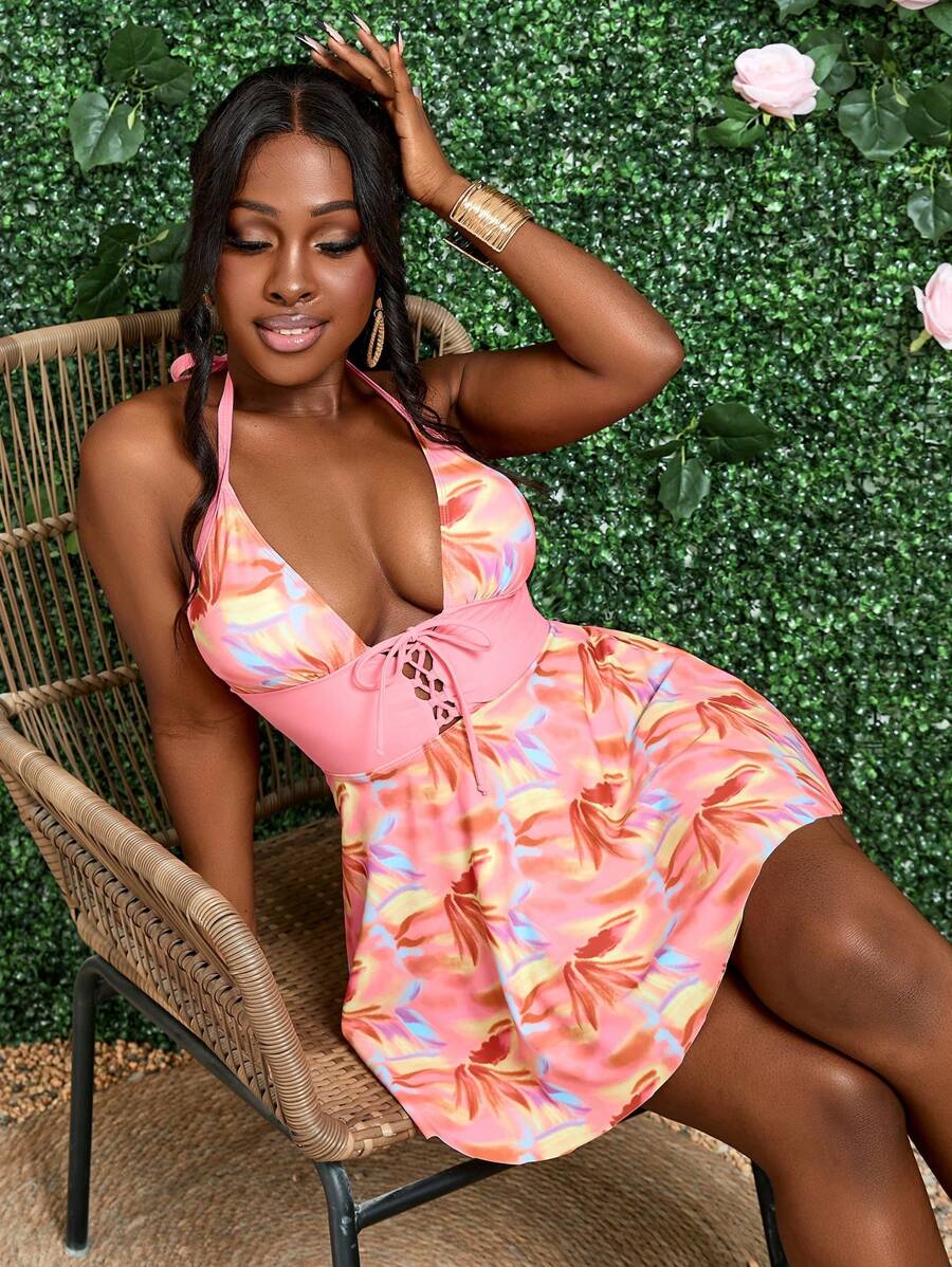 SHEIN Slayr Women's Full Print Lace Up Neck Halter Bikini Set With Swim Dress And Triangle Bottoms, Summer Beachwear - Multicolor - View 1