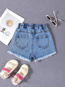 少女夏季寬鬆休閒破洞牛仔短褲 - 中等水洗藍 - 查看 2