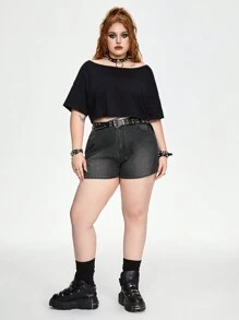 ROMWE Grunge Punk Plus Size Loose Off-Shoulder Crop Top - Black - View 2