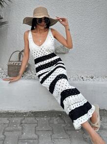 RueChic Rochie subțire fără mâneci, tricotată din croșetat în dungi pentru femei, pentru vacanța de vară la plajă