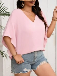 SHEIN LUNE Camisa diaria sencilla de unicolor para mujeres de talla grande - Rosa vieja - Ver 4