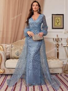 Abito da sera lungo con scollo a V, maniche lunghe, pesantemente decorato con paillettes, abito elegante da cerimonia da donna per balli, feste, laurea, cene