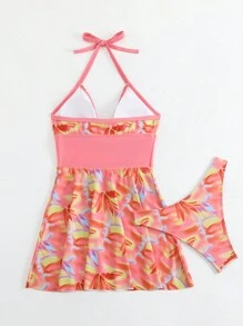 SHEIN Slayr Women's Full Print Lace Up Neck Halter Bikini Set With Swim Dress And Triangle Bottoms, Summer Beachwear - Multicolor - View 8