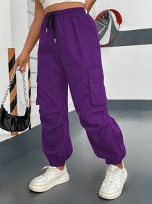 Flirla Pantalones de carga casuales de talla grande con cordón y bolsillos de unicolor - Morado - Ver 5
