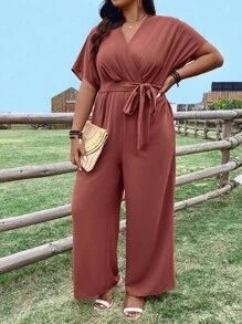 SHEIN LUNE Plus Size V-Neck Cinching Waist Batwing Sleeve Casual Jumpsuit