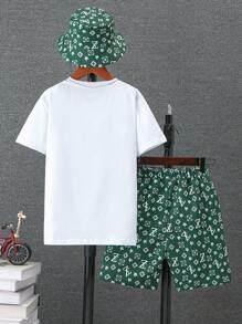 2pcs Toddler Boys' Bear Print Short Sleeve T-Shirt And Printed Shorts Set, Summer