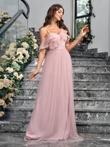 SHEIN Belle Women's Asymmetrical Neck Ruffled Transparent Sequined Evening Dress - Pink - View 3