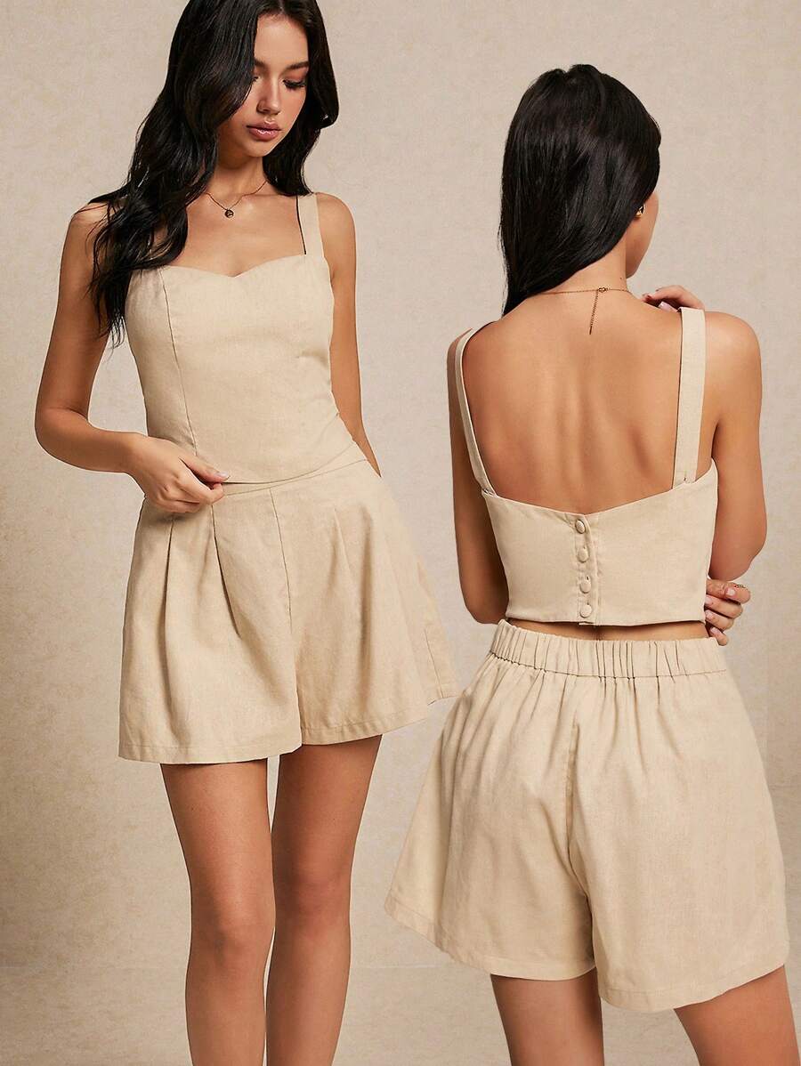 SHEIN Frenchy Women's Summer Casual Solid Color Rhinestone Neckline Back Buckle Strap Short Top Adjustable Shoulder Strap And Shorts Set With Pockets Linen Set Khaki Set Button Top Summer Sets Short Women Sets Two Pieces Short Set Office Wear Wedding Women Set Graduation Set Brown