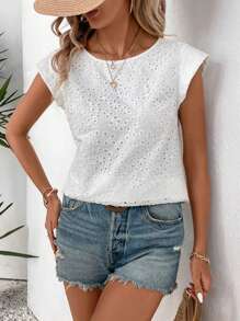 SHEIN LUNE Round Neck Mesh Embroidered Wide-Shouldered Casual Women's Shirt - White - View 4