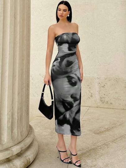 Siren Gaze Women's Retro Portrait Printed Bodycon Dress