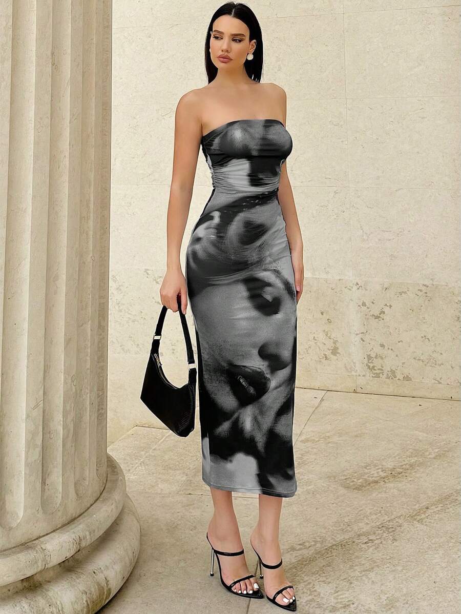 Siren Gaze Women's Retro Portrait Printed Bodycon Dress Party Summer - Grey - View 1