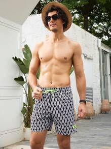 ResortEase Men's Vacation Elastic Waist Beach Shorts With Chain & Floral Pattern - Black - View 5