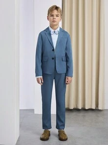 SHEIN 2pcs Tween Boy Gentleman Suit Set: Long Sleeve Lapel Jacket & Trousers, Elegant, For Birthday, Party, Wedding, Banquet, Christmas, Halloween - Blue - View 3