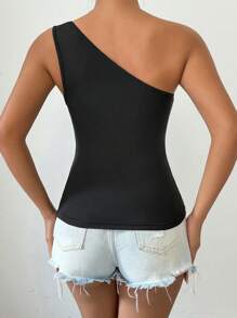 Chiquease Summer Plain Slim Fit Top With 3d Flower Decoration And Asymmetric Collar - Black - View 2