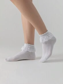ROMWE Fairycore Women's Solid Color Simple Lace Decor Mid-Calf Socks - White - View 1