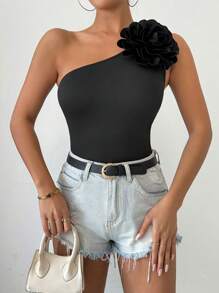 Chiquease Summer Plain Slim Fit Top With 3d Flower Decoration And Asymmetric Collar - Black - View 6