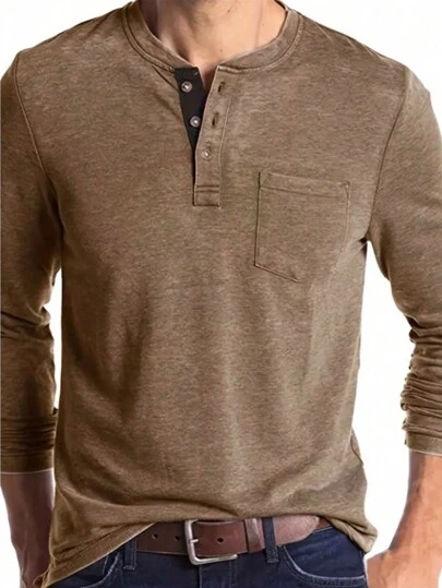 Camisa polo de manga larga informal con cuello de color contrastante, estilo deportivo casual para hombres. Se puede usar por sí sola o en capas para crear looks casuales de todos los días.