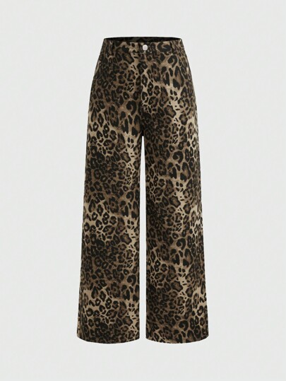 Grunge Punk Y2K Casual Leopard Print Full-Length Wide-Leg Denim Jeans For Women, School