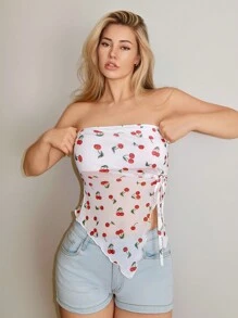 SHEIN ICON Cherry Printed Asymmetrical Hem Summer Bandeau Y2K Top With Mesh Fabric