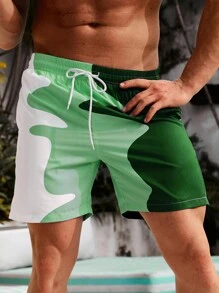 Surfspeed 男士拼色抽绳腰沙滩短裤（随机印花剪裁）适合度假，夏威夷风 - 綠色 - 查看 3