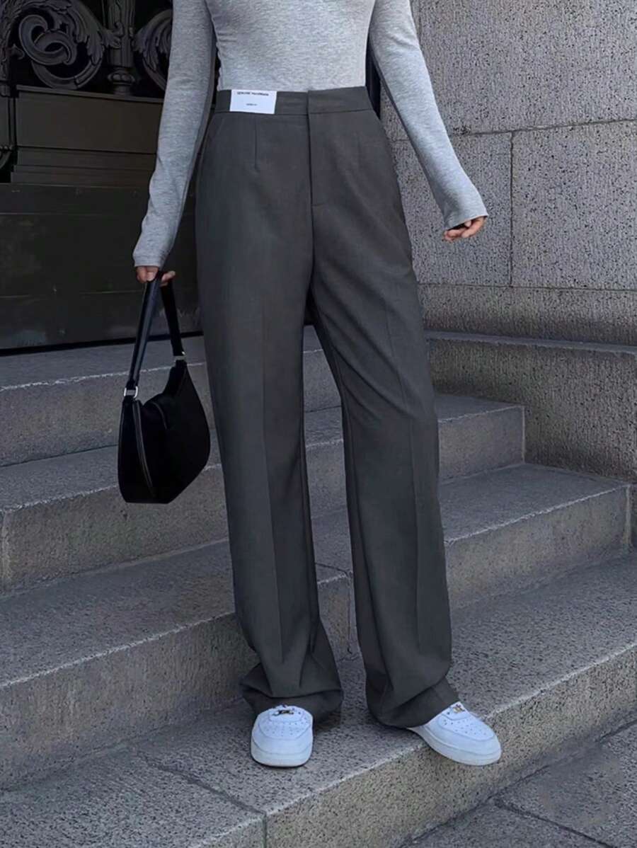 SHEIN Unity Loose Alphabet Jacquard Wide Leg Suit Pants For Women, High Waisted And Draped - Dark Grey - View 1