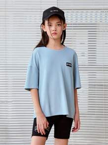 SHEIN Camiseta Casual de Manga Curta e Gola Redonda com Estilo Japonês e Estampa de Letras para Meninas Adolescentes