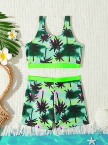 Young Girl Summer Beach Coconut Tree Print Tankini Set - Green - View 1
