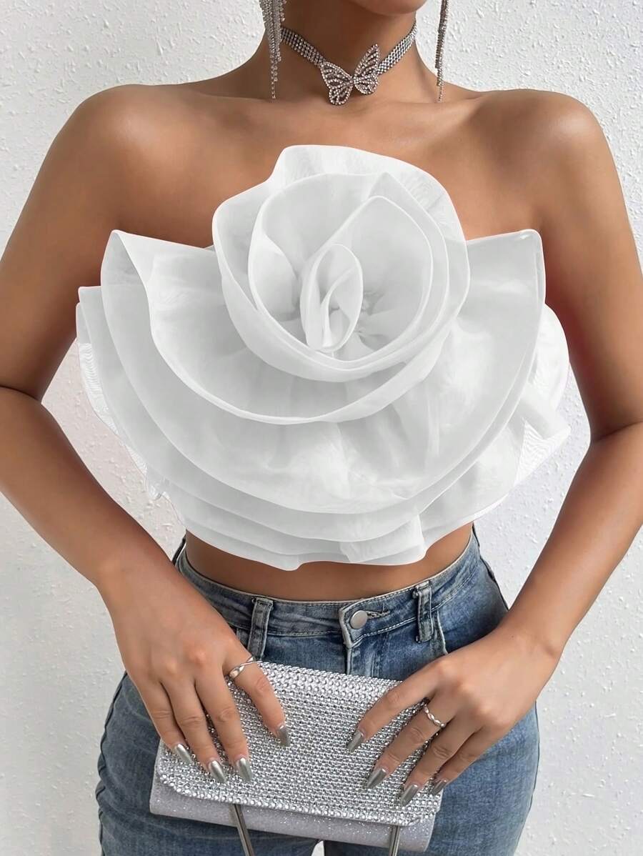 Rafferiza Women's Floral Cropped Top, Solid Color, Strapless, Sleeveless, Summer - White - View 1