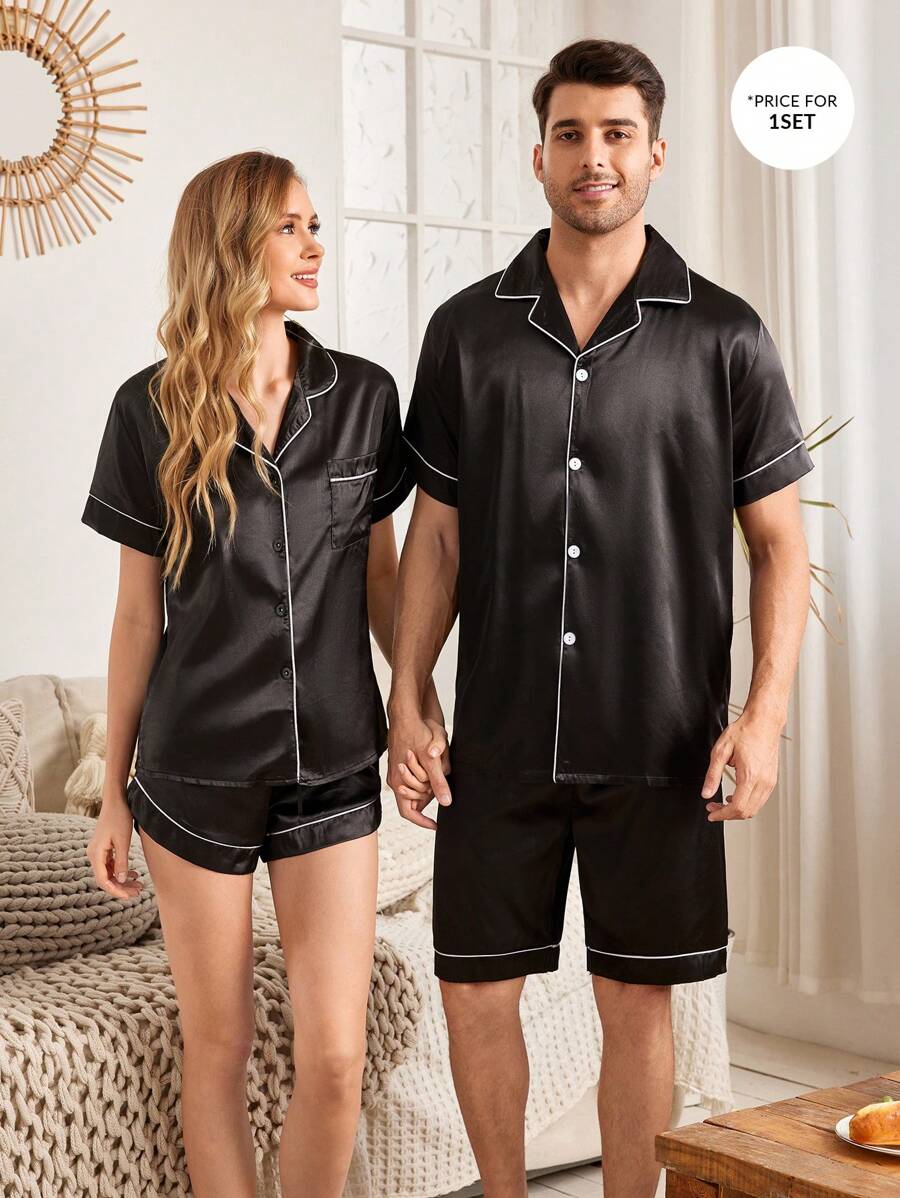 純黑色緞面男士家居服套裝 - 黑色 - 查看 1