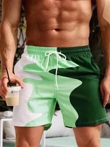 Surfspeed 男士拼色抽绳腰沙滩短裤（随机印花剪裁）适合度假，夏威夷风 - 綠色 - 查看 1