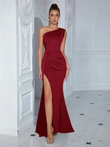 ADYCE 不对称领口、褶皱腰身、高开衩优雅鸡尾酒会长裙，适合返校节、正式晚宴、婚礼宾客等场合穿着。 - 酒紅色 - 查看 1
