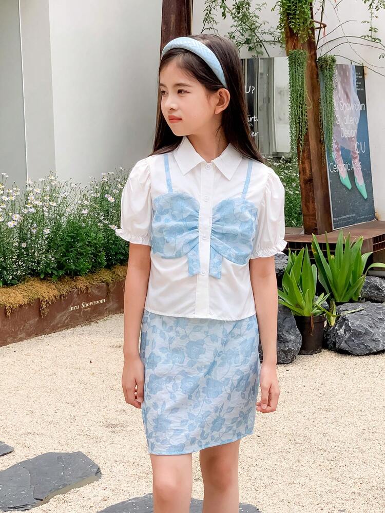 Tween Girl Spring/Summer KDOMO Pants, 2 In 1 Shirt With Patterned Texture Skirt Set