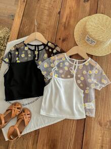 SHEIN LMoss Kids LMoss Young Girl 圆领花朵图案网眼 T 恤搭配内搭背心