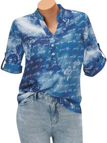 SHEIN LUNE Women's Fashionable Summer Printed Notched V Neck Short Sleeve Blouse - Blue - View 1