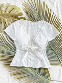 Soleia WYWH Vacation Women's Leisure Seaside Beach Vacation Spliced Lace Embroidered V-Neck Shirt