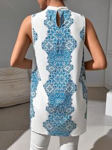 Chiquease Fashionable Floral Printed Stand Collar Sleeveless 'Fake Two' Blouse For Vacation