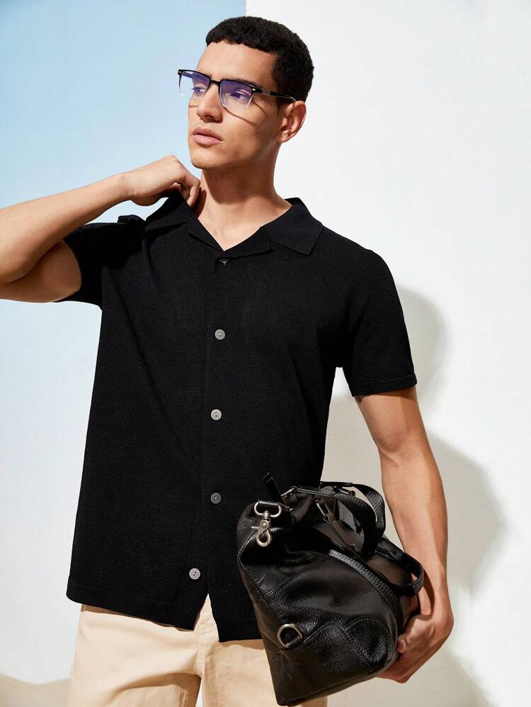 Easy Care Men's Black Collar Fitted Short Sleeve Stretch Knit Top For Summer